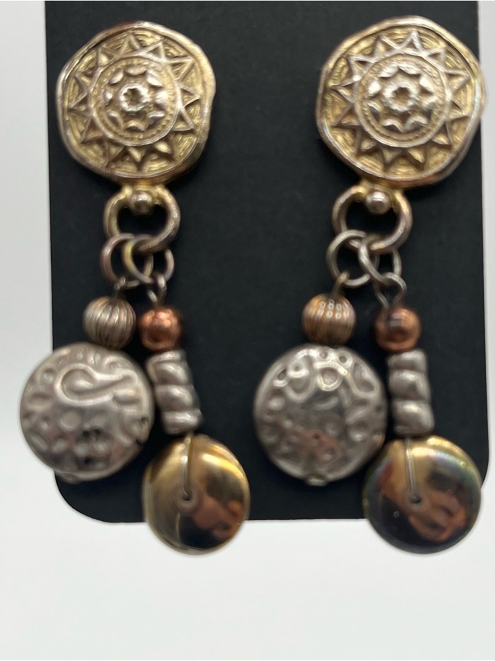 Mixed Metal Boho Drop Earrings Gold Silver Dangle Antiqued Tones Pierced
